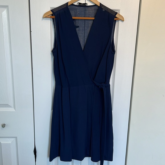 SANDRO Paris Navy WRAP Crepe Dress SHEER BACK - Picture 8 of 8